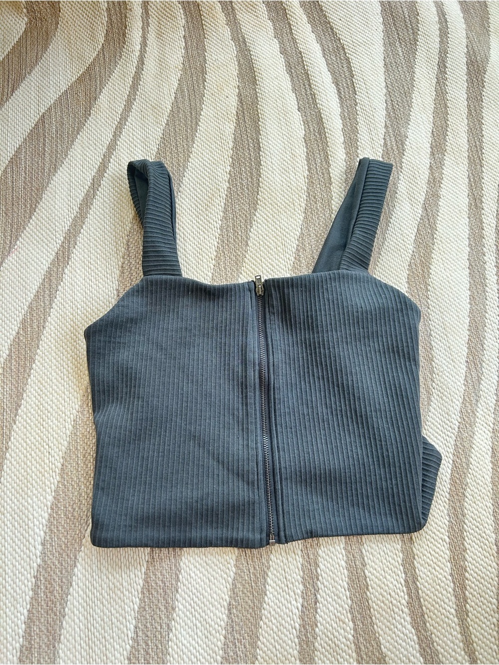 Offline by aerie Ribbed Zip-Front Square-Neck Athletic Crop Top - Charcoal Gray